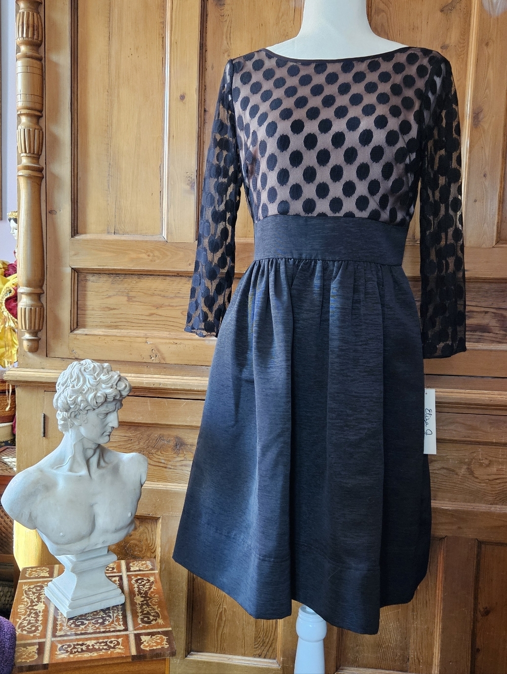 Beautiful Eliza J Black Polka Dot Bodice, Fit-and-Flare Skirt,Cocktail Dress